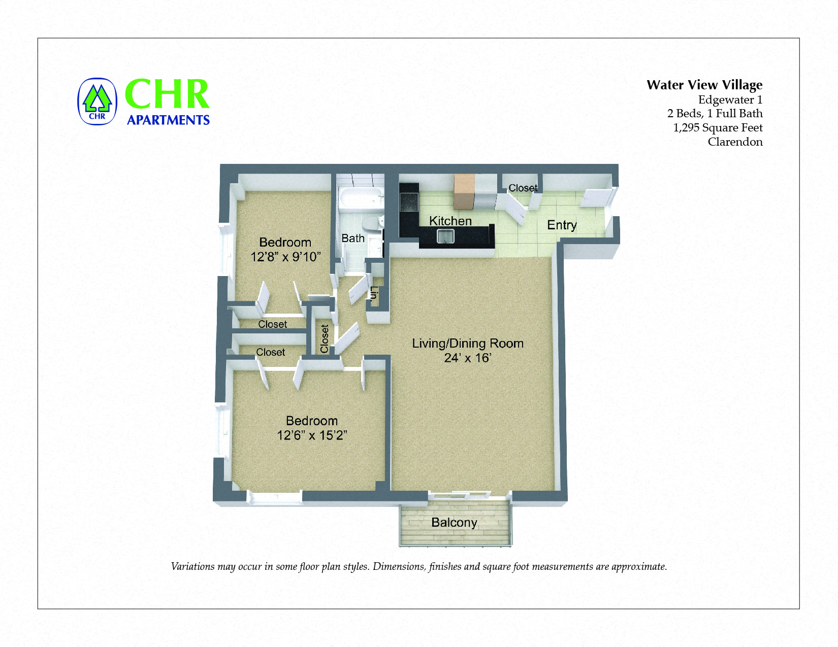 Floor plan for 2 beds, 1 bath, 1295 sqft